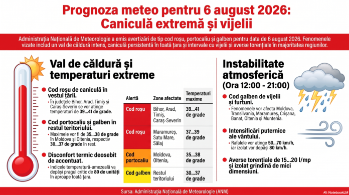 Vremea din 6 august 2026: Avertisment roșu de căldură extremă în șapte județe și avertisment galben de furtuni în alte 31.